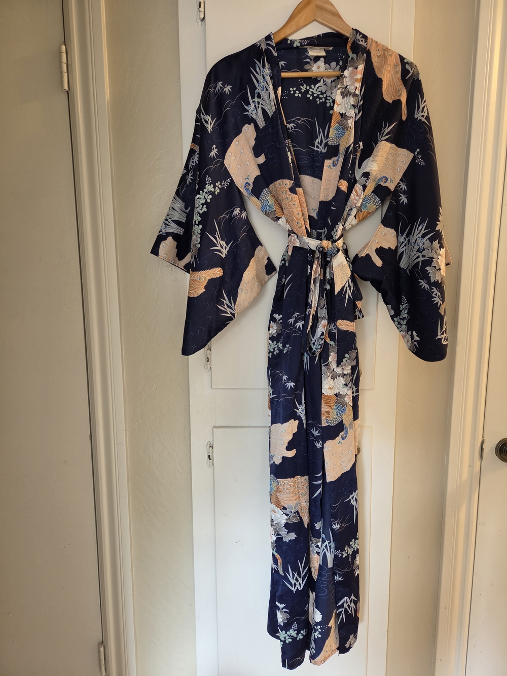 Navy Floral Kimono Robe with Peach Accents